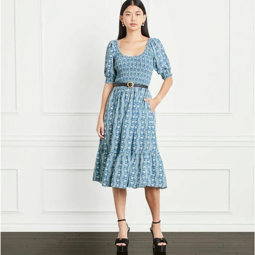 Hill House Blue Patterned Square-Neck Midi Dress